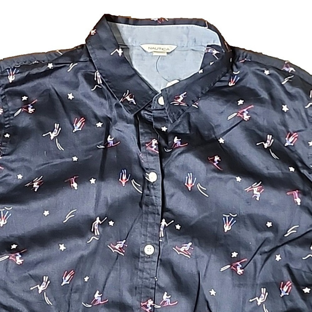 Nautica Button Up Shirt Navy Blue Skiing Winter Long Sleeve Preppy Casual XL